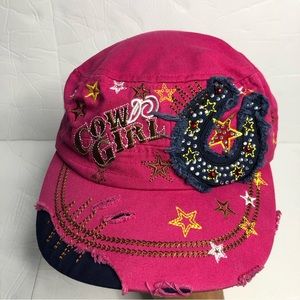 National Cadet Cap Hat Cowgirl Horseshoe Embellished Distressed Pink Cap